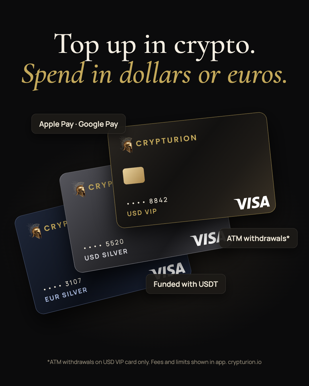 Crypturion USD VIP, USD Silver and EUR Silver cards, with Apple Pay, Google Pay and USDT funding